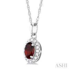 5x3 MM Oval Shape Garnet and 1/20 Ctw Single Cut Diamond Halo Semi-Precious Pendant with Chain in 10K White Gold