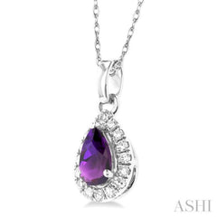 5x3 MM Pear Shape Amethyst and 1/20 Ctw Single Cut Diamond Halo Semi-Precious Pendant with Chain in 10K White Gold