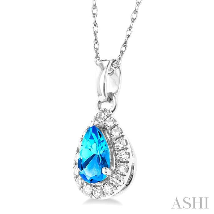5x3 MM Pear Shape Blue Topaz and 1/20 Ctw Single Cut Diamond Halo Semi-Precious Pendant with Chain in 10K White Gold