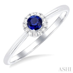 3.25 MM Round Sapphire and 1/20 Ctw Single Cut Diamond Halo Precious Ring in 10K White Gold