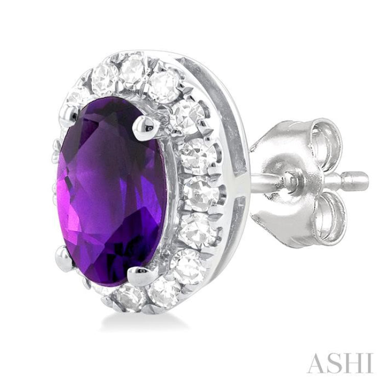 5x3 MM Oval Shape Amethyst and 1/8 Ctw Single Cut Diamond Halo Semi-Precious Stud Earrings in 10K White Gold