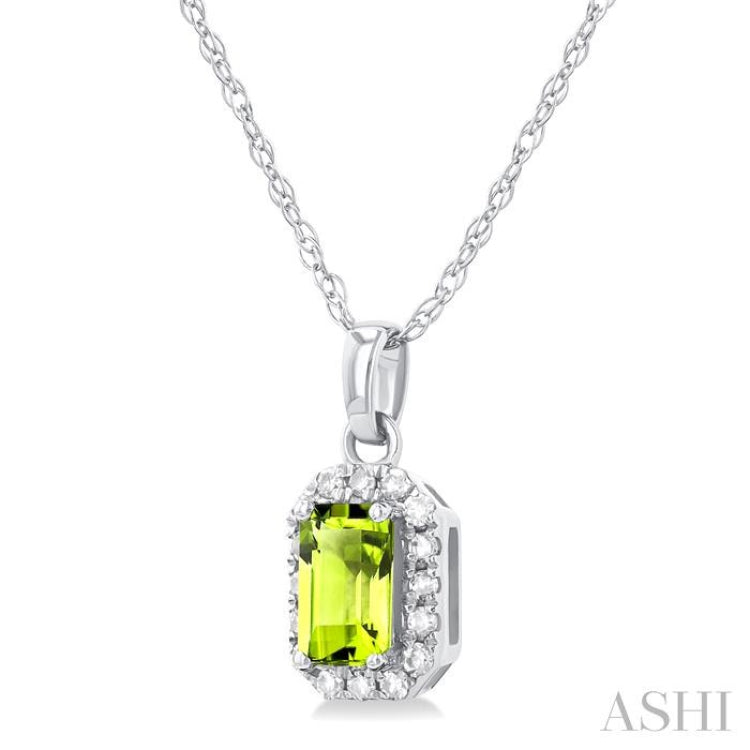 5x3 MM Octagonal Shape Peridot and 1/20 Ctw Single Cut Diamond Halo Semi-Precious Pendant with Chain in 10K White Gold