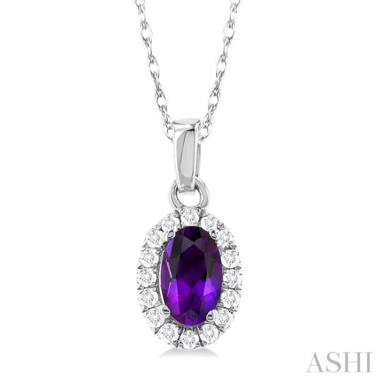 5x3 MM Oval Shape Amethyst and 1/20 Ctw Single Cut Diamond Halo Semi-Precious Pendant with Chain in 14K White Gold
