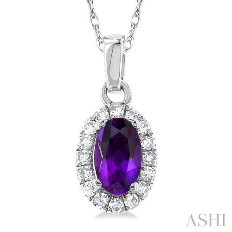 5x3 MM Oval Shape Amethyst and 1/20 Ctw Single Cut Diamond Halo Semi-Precious Pendant with Chain in 14K White Gold