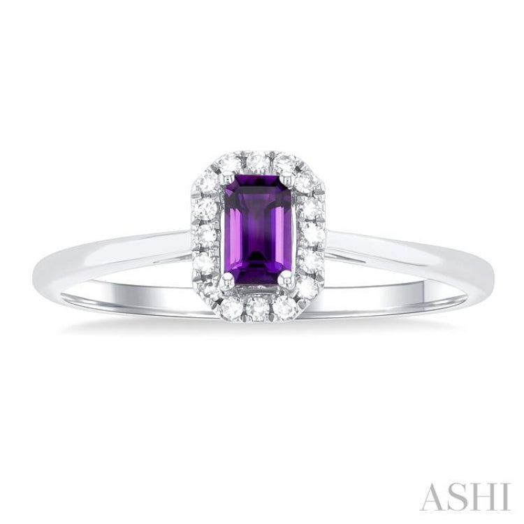 5x3 MM Octagonal Shape Amethyst and 1/20 Ctw Single Cut Diamond Halo Semi-Precious Ring in 14K White Gold