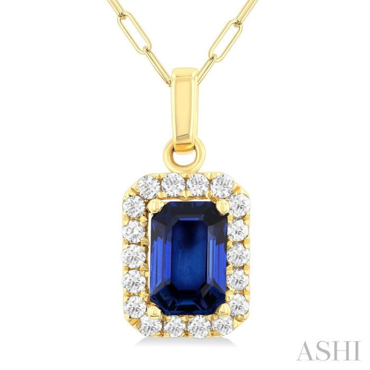 6x4 MM Octagonal Shape Sapphire and 1/6 Ctw Round Cut Diamond Halo Precious Pendant with Chain in 14K Yellow Gold
