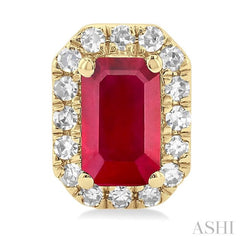 5x3 MM Octagonal Shape Ruby and 1/8 Ctw Single Cut Diamond Halo Precious Stud Earrings in 10K Yellow Gold