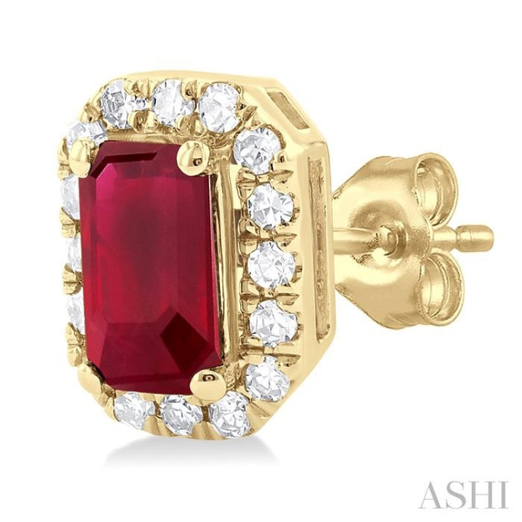5x3 MM Octagonal Shape Ruby and 1/8 Ctw Single Cut Diamond Halo Precious Stud Earrings in 10K Yellow Gold