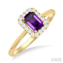 6x4 MM Octagonal Shape Amethyst and 1/6 Ctw Round Cut Diamond Halo Semi-Precious Ring in 10K Yellow Gold