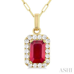 6x4 MM Octagonal Shape Ruby and 1/6 Ctw Round Cut Diamond Halo Precious Pendant with Chain in 10K Yellow Gold