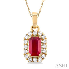 5x3 MM Octagonal Shape Ruby and 1/20 Ctw Single Cut Diamond Halo Precious Pendant with Chain in 10K Yellow Gold