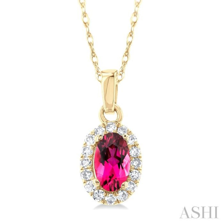 5x3 MM Oval Shape Pink Tourmaline and 1/20 Ctw Single Cut Diamond Halo Semi-Precious Pendant with Chain in 14K Yellow Gold
