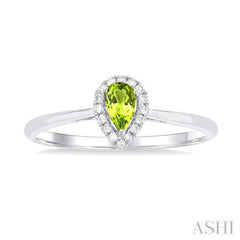 5x3 MM Pear Shape Peridot and 1/20 Ctw Single Cut Diamond Halo Semi-Precious Ring in 14K White Gold
