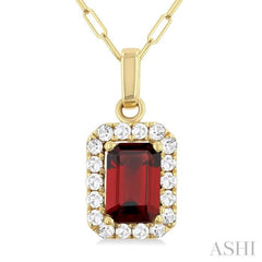 6x4 MM Octagonal Shape Garnet and 1/6 Ctw Round Cut Diamond Halo Semi-Precious Pendant with Chain in 14K Yellow Gold
