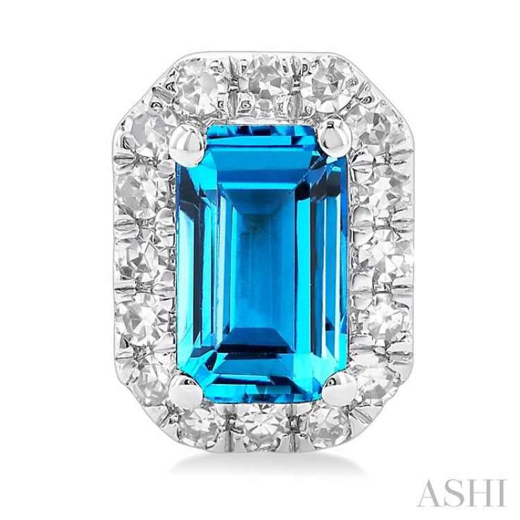 5x3 MM Octagonal Shape Blue Topaz and 1/8 Ctw Single Cut Diamond Halo Semi-Precious Stud Earrings in 10K White Gold