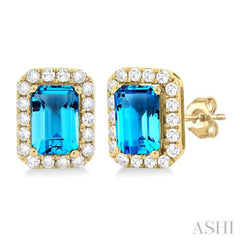6x4 MM Octagonal Shape Blue Topaz and 1/4 Ctw Round Cut Diamond Halo Semi-Precious Stud Earrings in 14K Yellow Gold
