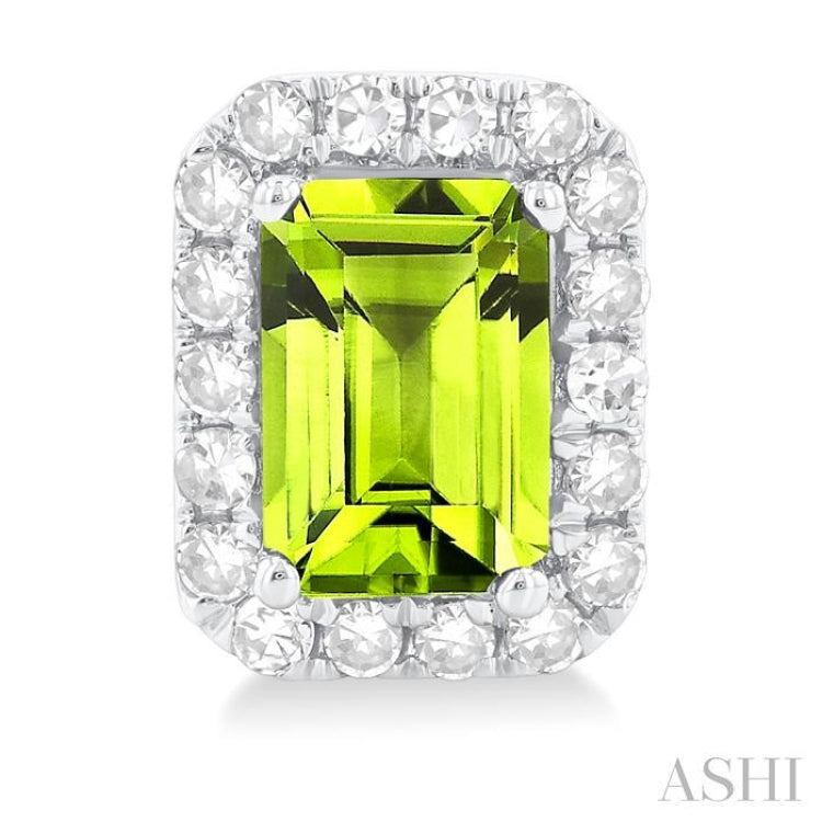6x4 MM Octagonal Shape Peridot and 1/4 Ctw Round Cut Diamond Halo Semi-Precious Stud Earrings in 14K White Gold