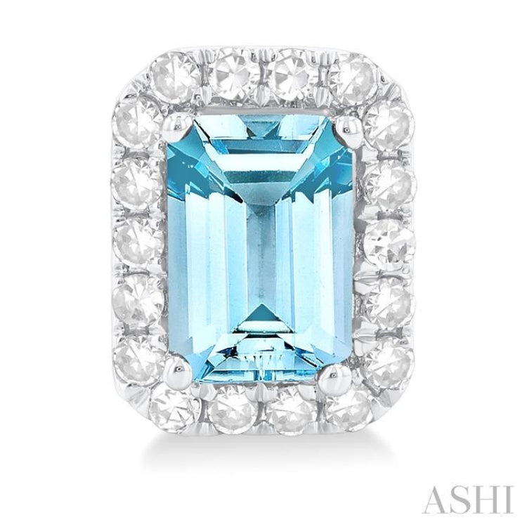 6x4 MM Octagonal Shape Aquamarine and 1/4 Ctw Round Cut Diamond Halo Semi-Precious Stud Earrings in 14K White Gold