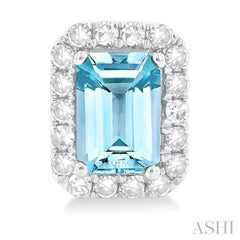 6x4 MM Octagonal Shape Aquamarine and 1/4 Ctw Round Cut Diamond Halo Semi-Precious Stud Earrings in 14K White Gold