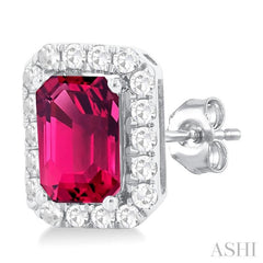 6x4 MM Octagonal Shape Pink Tourmaline and 1/4 Ctw Round Cut Diamond Halo Semi-Precious Stud Earrings in 10K White Gold