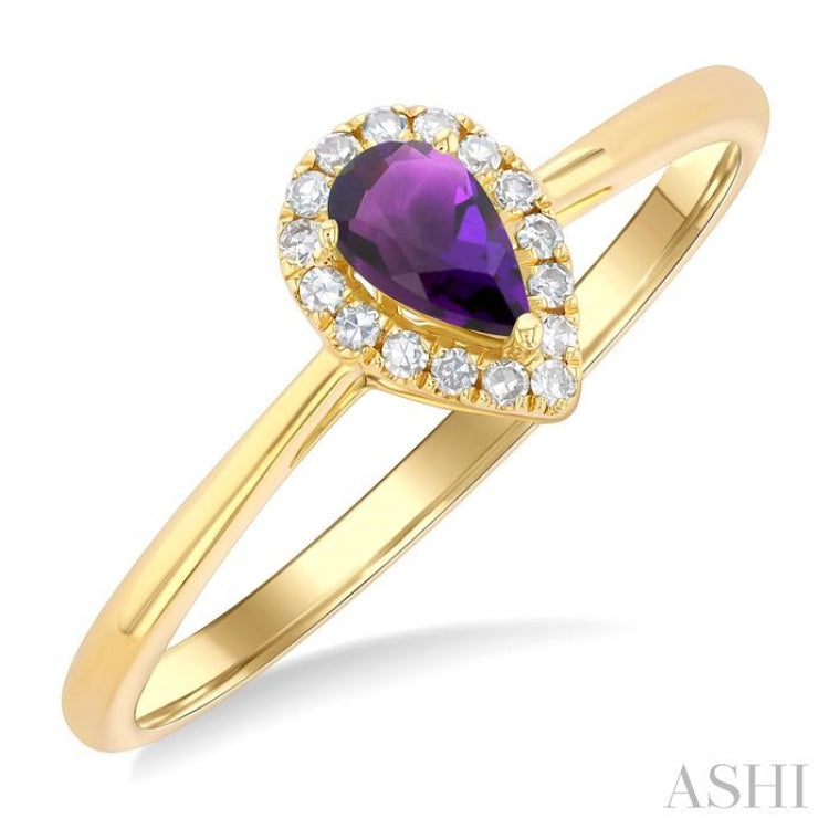 5x3 MM Pear Shape Amethyst and 1/20 Ctw Single Cut Diamond Halo Semi-Precious Ring in 14K Yellow Gold