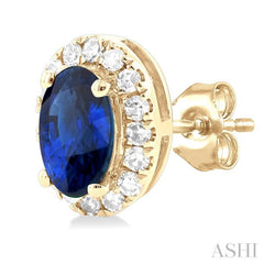 5x3 MM Oval Shape Sapphire and 1/8 Ctw Single Cut Diamond Halo Precious Stud Earrings in 10K Yellow Gold