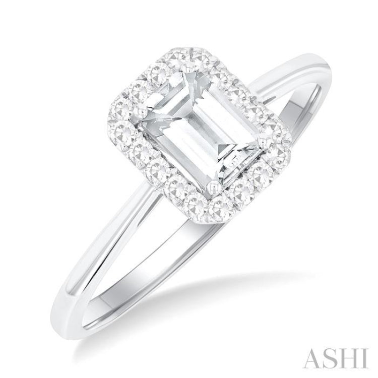 6x4 MM Octagonal Shape White Topaz and 1/6 Ctw Round Cut Diamond Halo Semi-Precious Ring in 14K White Gold