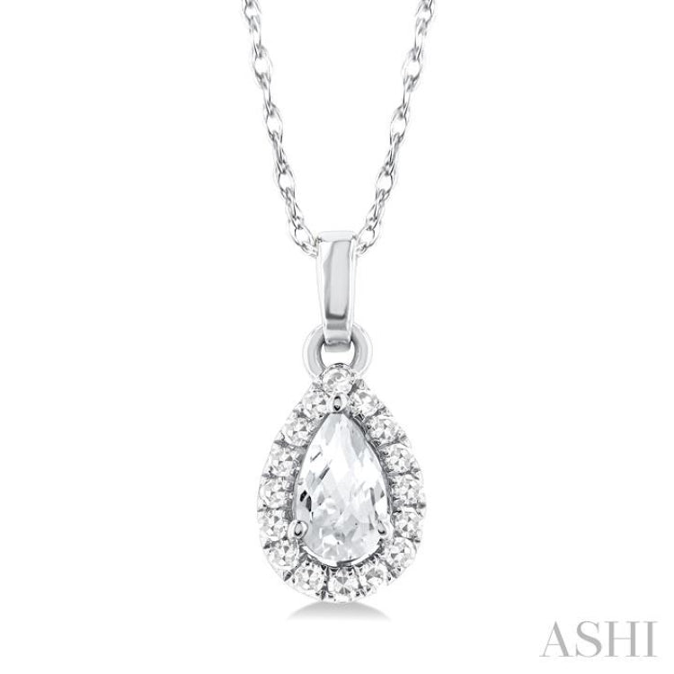 5x3 MM Pear Shape White Topaz and 1/20 Ctw Single Cut Diamond Halo Semi-Precious Pendant with Chain in 10K White Gold