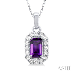 5x3 MM Octagonal Shape Amethyst and 1/20 Ctw Single Cut Diamond Halo Semi-Precious Pendant with Chain in 10K White Gold