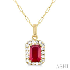 6x4 MM Octagonal Shape Ruby and 1/6 Ctw Round Cut Diamond Halo Precious Pendant with Chain in 14K Yellow Gold