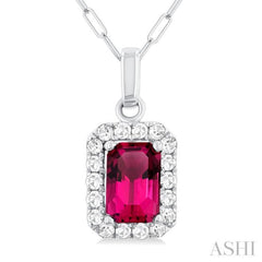 6x4 MM Octagonal Shape Pink Tourmaline and 1/6 Ctw Round Cut Diamond Halo Semi-Precious Pendant with Chain in 10K White Gold