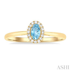5x3 MM Oval Shape Aquamarine and 1/20 Ctw Single Cut Diamond Halo Semi-Precious Ring in 14K Yellow Gold