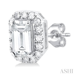 5x3 MM Octagonal Shape White Topaz and 1/8 Ctw Single Cut Diamond Halo Semi-Precious Stud Earrings in 14K White Gold