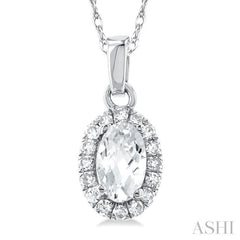 5x3 MM Oval Shape White Topaz and 1/20 Ctw Single Cut Diamond Halo Semi-Precious Pendant with Chain in 10K White Gold