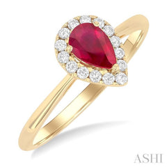 6x4 MM Pear Shape Ruby and 1/6 Ctw Round Cut Diamond Halo Precious Ring in 14K Yellow Gold