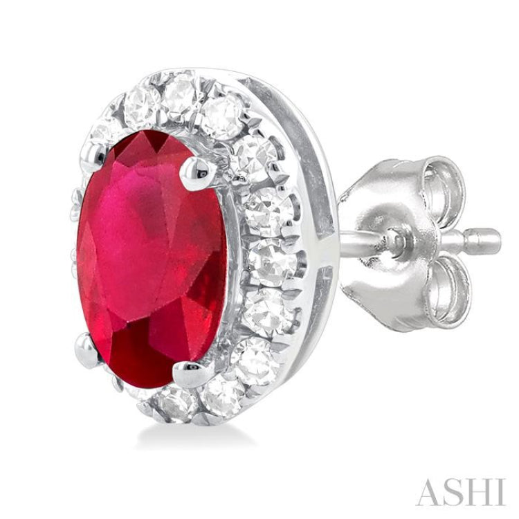 5x3 MM Oval Shape Ruby and 1/8 Ctw Single Cut Diamond Halo Precious Stud Earrings in 14K White Gold