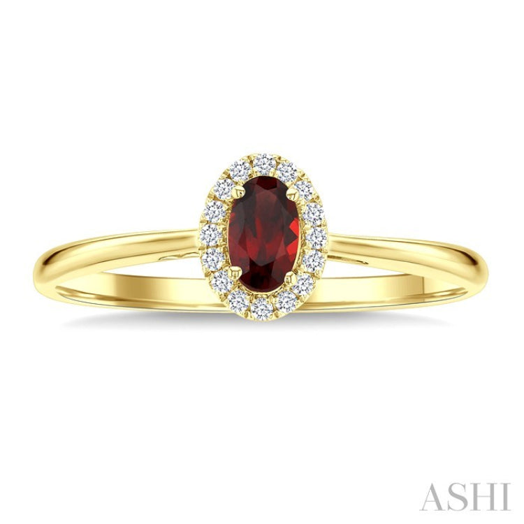 5x3 MM Oval Shape Garnet and 1/20 Ctw Round Cut Diamond Halo Semi-Precious Ring in 10K Yellow Gold