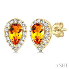 5x3 MM Pear Shape Citrine and 1/8 Ctw Single Cut Diamond Halo Semi-Precious Stud Earrings in 10K Yellow Gold