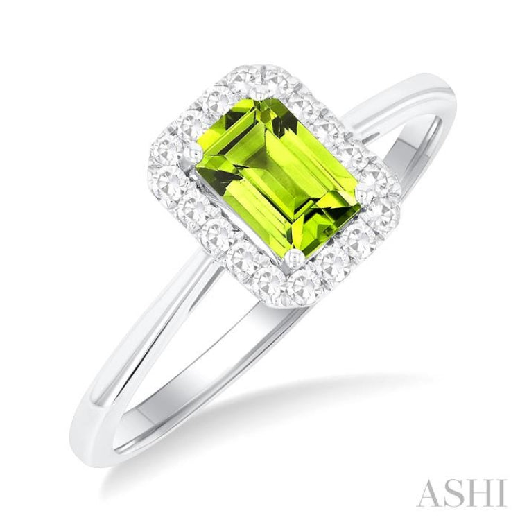 6x4 MM Octagonal Shape Peridot and 1/6 Ctw Round Cut Diamond Halo Semi-Precious Ring in 10K White Gold