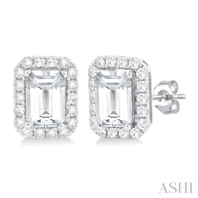 6x4 MM Octagonal Shape White Topaz and 1/4 Ctw Round Cut Diamond Halo Semi-Precious Stud Earrings in 10K White Gold
