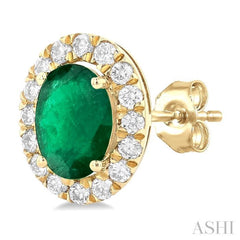 6x4 MM Oval Shape Emerald and 1/4 Ctw Round Cut Diamond Halo Precious Stud Earrings in 14K Yellow Gold