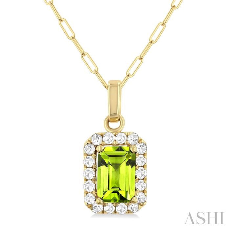 6x4 MM Octagonal Shape Peridot and 1/6 Ctw Round Cut Diamond Halo Semi-Precious Pendant with Chain in 10K Yellow Gold