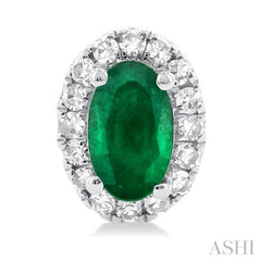 5x3 MM Oval Shape Emerald and 1/8 Ctw Single Cut Diamond Halo Precious Stud Earrings in 10K White Gold