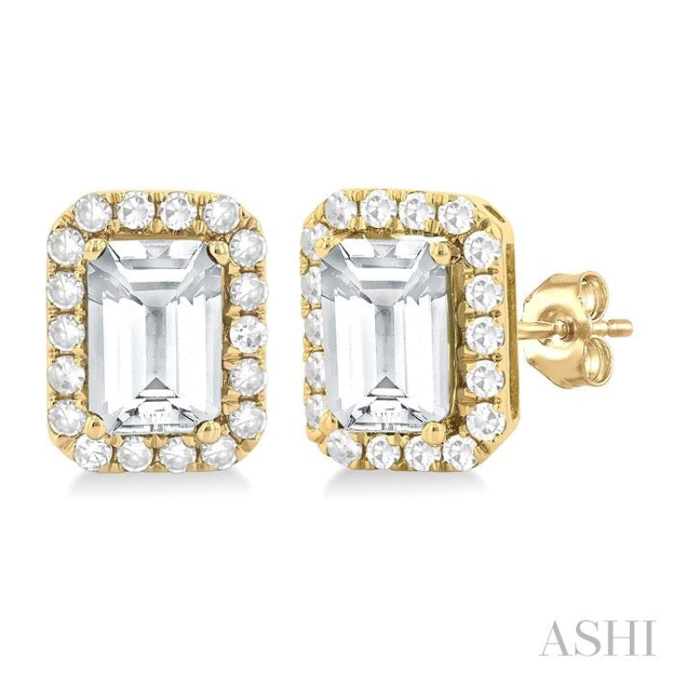 6x4 MM Octagonal Shape White Topaz and 1/4 Ctw Round Cut Diamond Halo Semi-Precious Stud Earrings in 14K Yellow Gold