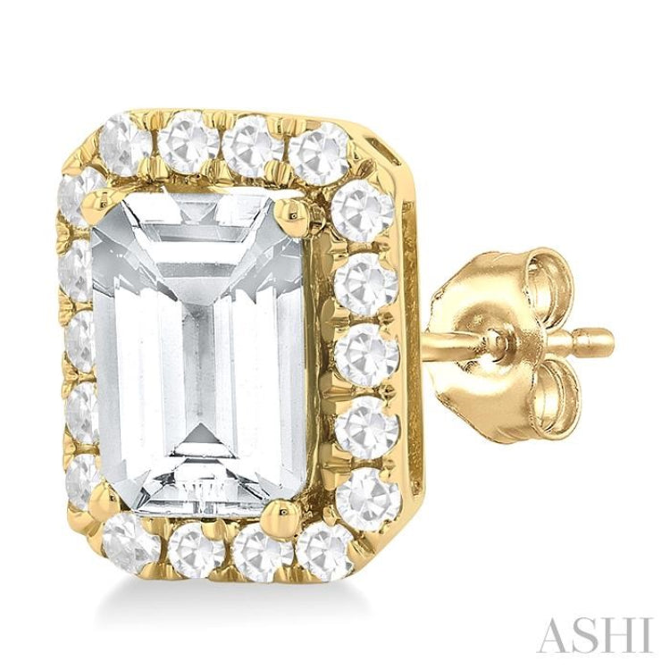 6x4 MM Octagonal Shape White Topaz and 1/4 Ctw Round Cut Diamond Halo Semi-Precious Stud Earrings in 14K Yellow Gold