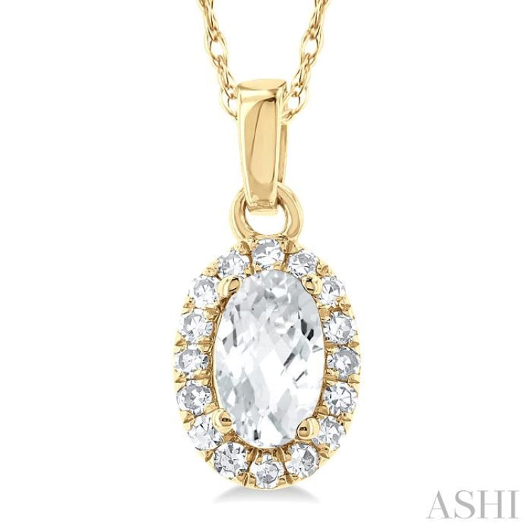 5x3 MM Oval Shape White Topaz and 1/20 Ctw Single Cut Diamond Halo Semi-Precious Pendant with Chain in 14K Yellow Gold
