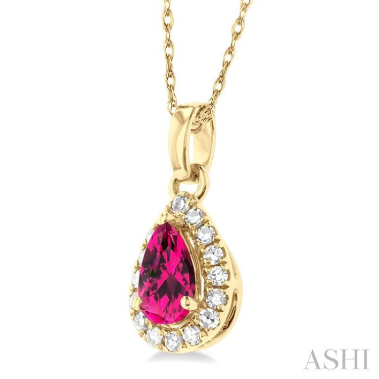5x3 MM Pear Shape Pink Tourmaline and 1/20 Ctw Single Cut Diamond Halo Semi-Precious Pendant with Chain in 10K Yellow Gold