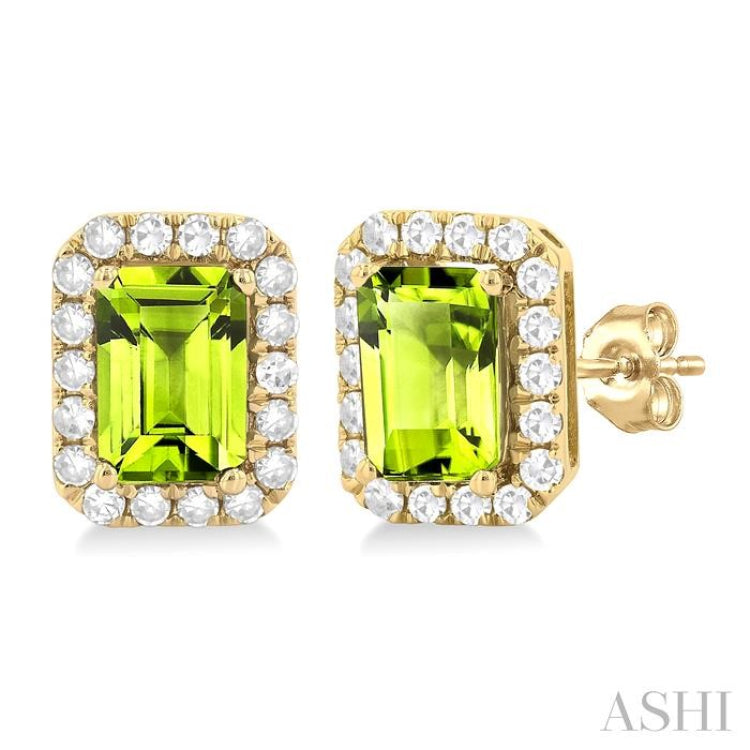 6x4 MM Octagonal Shape Peridot and 1/4 Ctw Round Cut Diamond Halo Semi-Precious Stud Earrings in 10K Yellow Gold