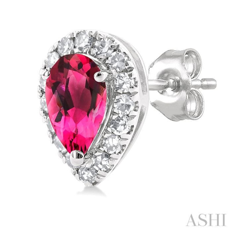 5x3 MM Pear Shape Pink Tourmaline and 1/8 Ctw Single Cut Diamond Halo Semi-Precious Stud Earrings in 14K White Gold