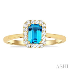 6x4 MM Octagonal Shape Blue Topaz and 1/6 Ctw Round Cut Diamond Halo Semi-Precious Ring in 10K Yellow Gold